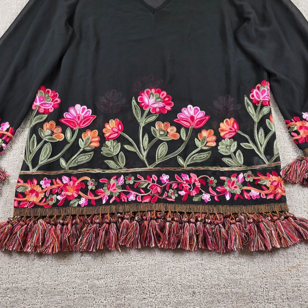 Hilary Radley For Katherine Barclay Black Floral Embroidered Tassel Blouse XL - Picture 4 of 10